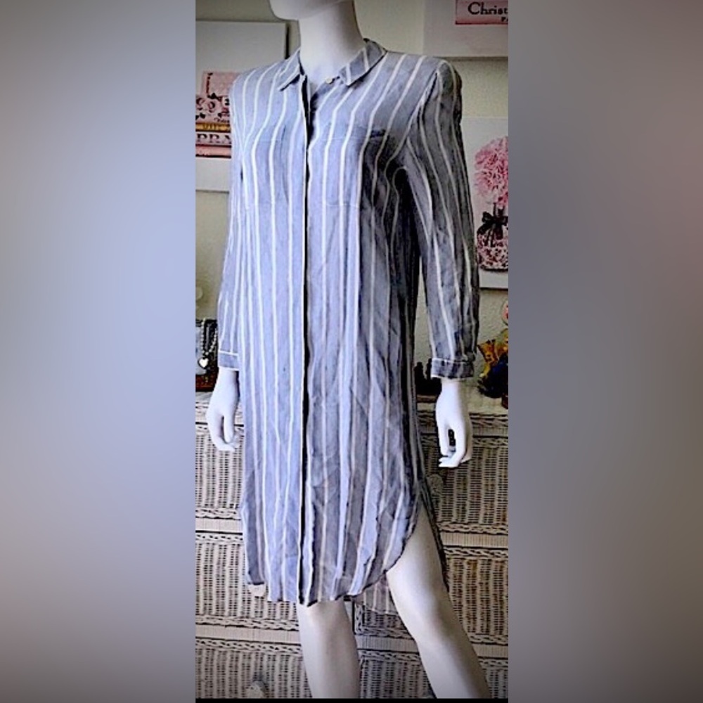 Giorgio Armani Shirt Dress Relax Fit Linen Blue White Stripes It. size 3 = US XS